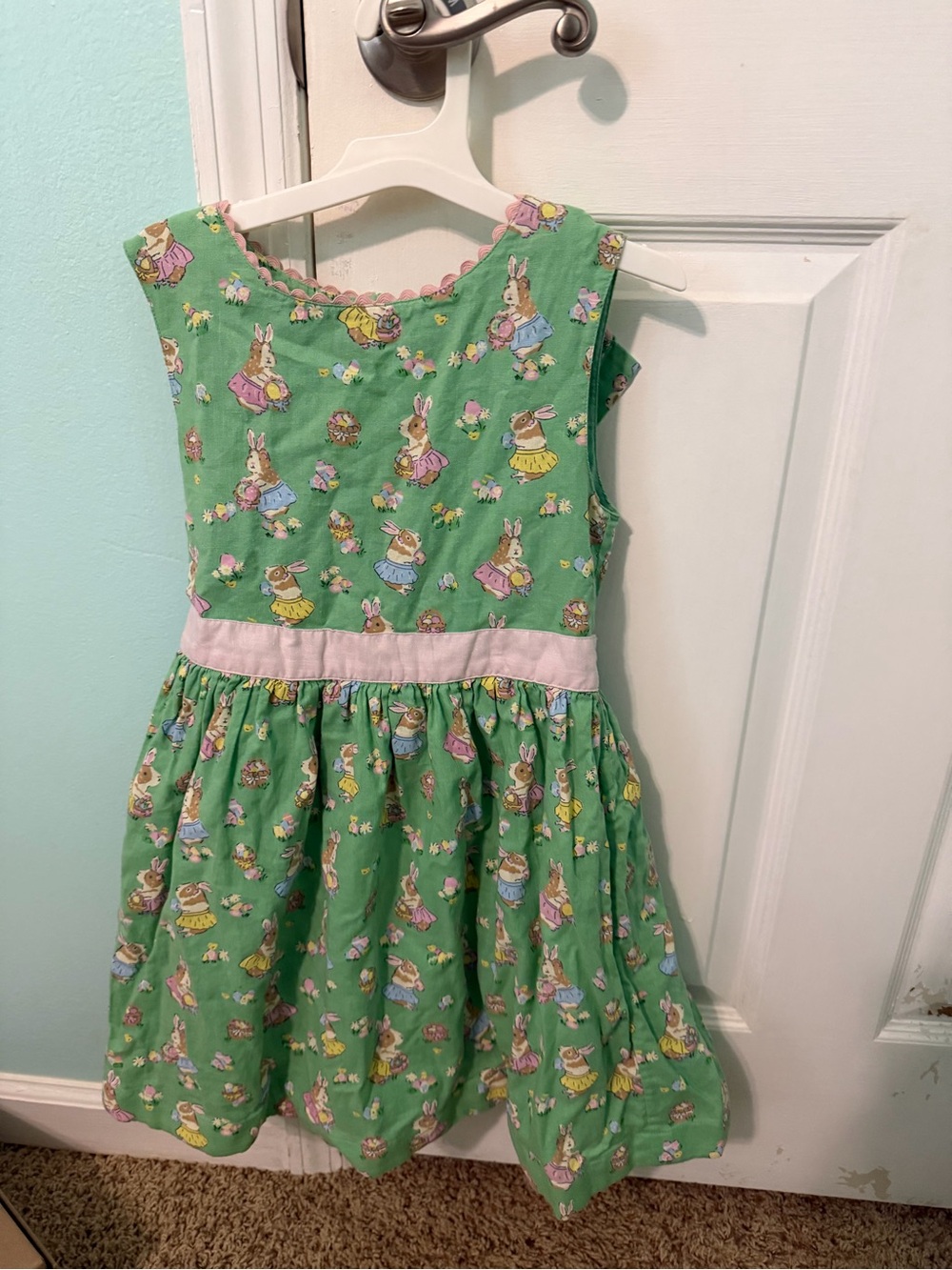 Boden Size 8 Girls' Green Bunny Print Party Dress with Pink Waistband